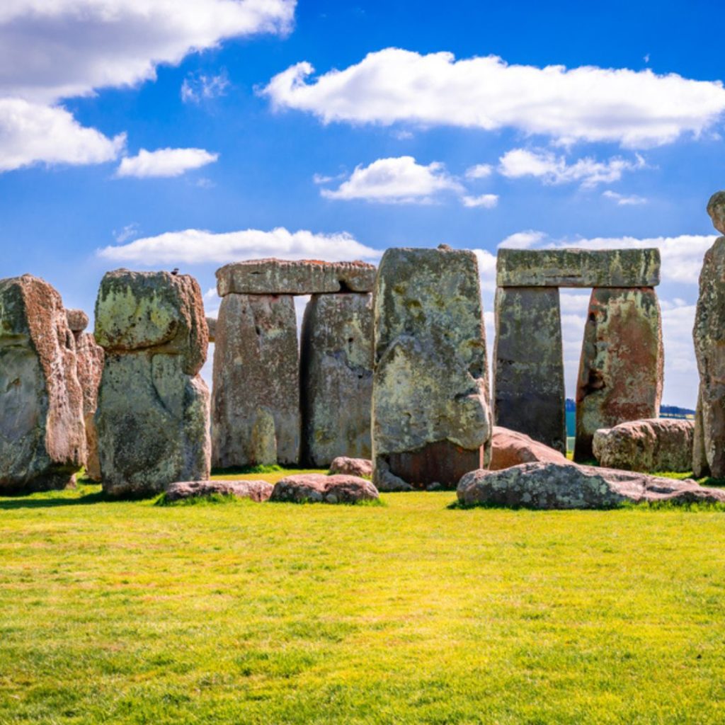 Stonehenge close up with a blue sky in the background