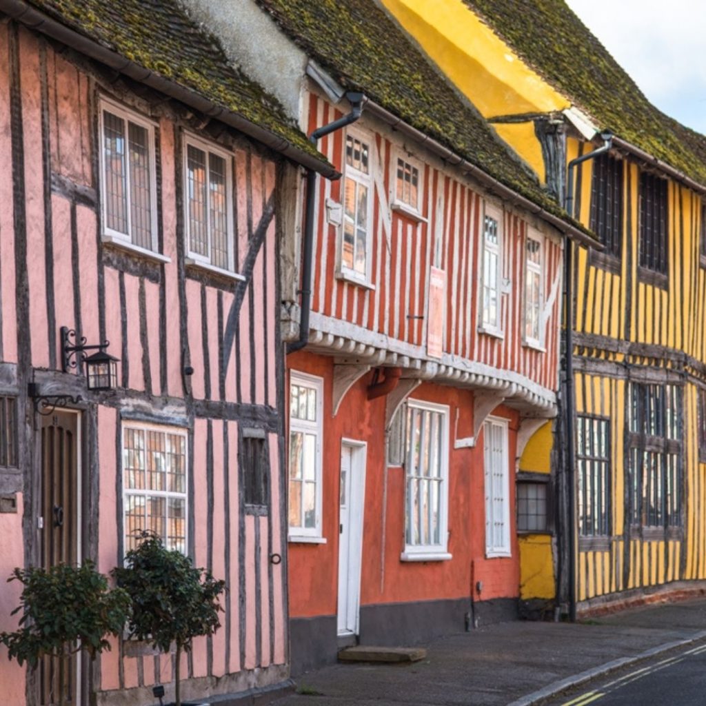 The wonderful old houses on Lavenham one of the colourful places in the UK.